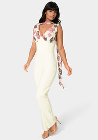 Front View-Scarf-Detailed Wide Leg Jumpsuit-Prt/Butter Cream