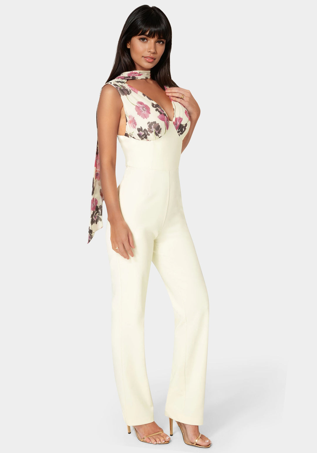 Side View-Scarf-Detailed Wide Leg Jumpsuit-Prt/Butter Cream