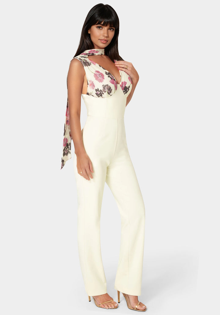 Side View-Scarf-Detailed Wide Leg Jumpsuit-Prt/Butter Cream