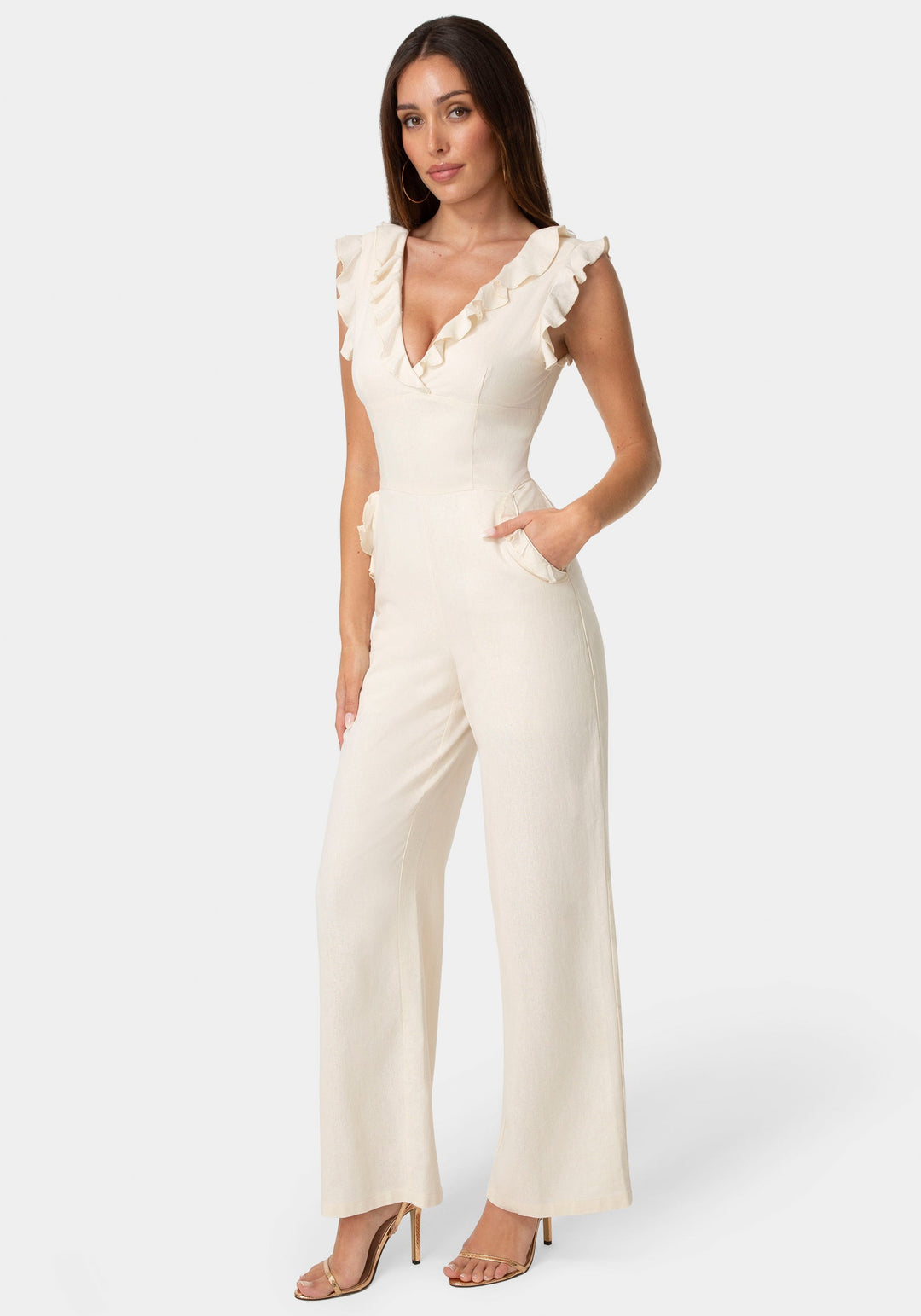 Front View-Linen Ruffled Palazzo Leg Jumpsuit-VANILLA HEAT