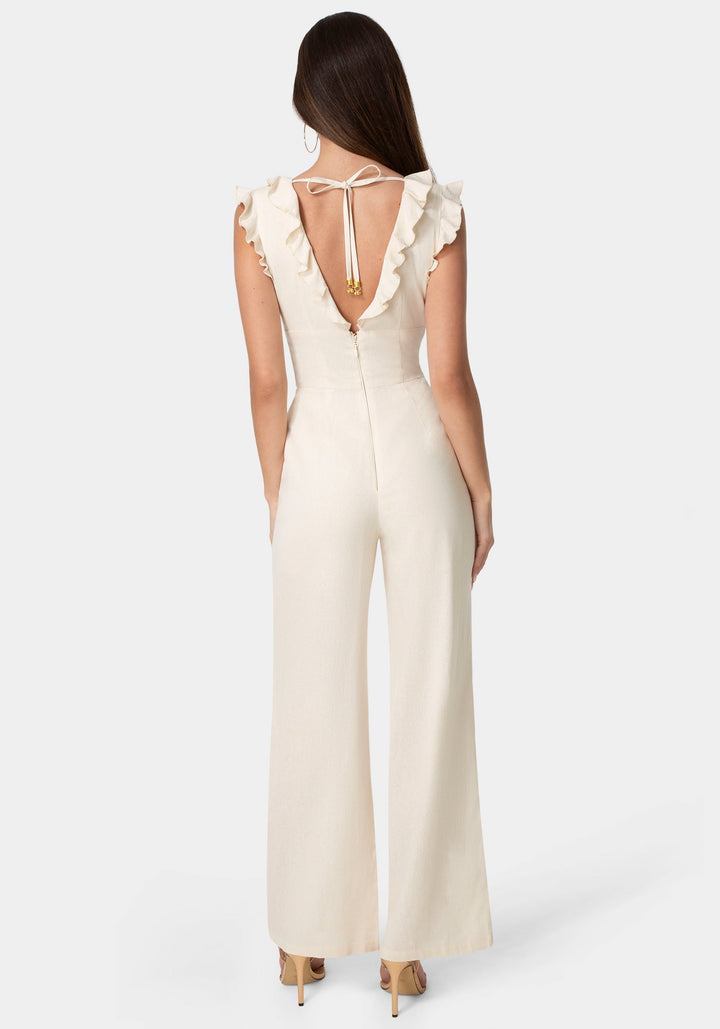 Back View-Linen Ruffled Palazzo Leg Jumpsuit-VANILLA HEAT