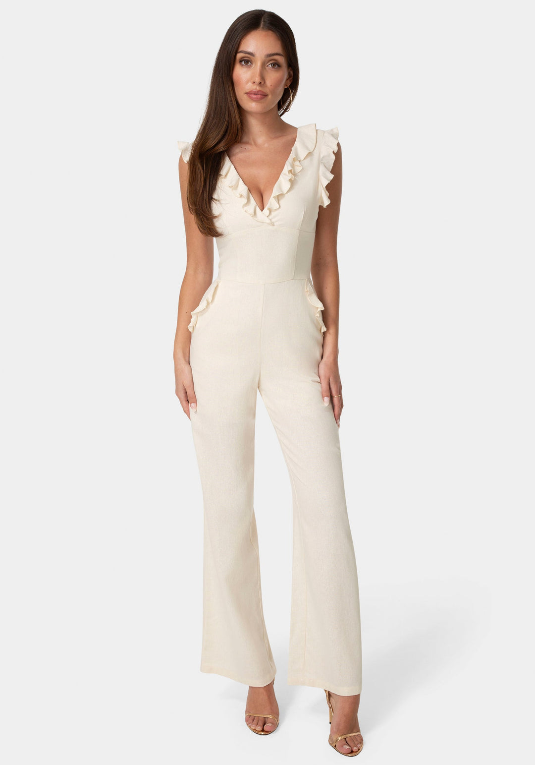 Detail View-Linen Ruffled Palazzo Leg Jumpsuit-VANILLA HEAT