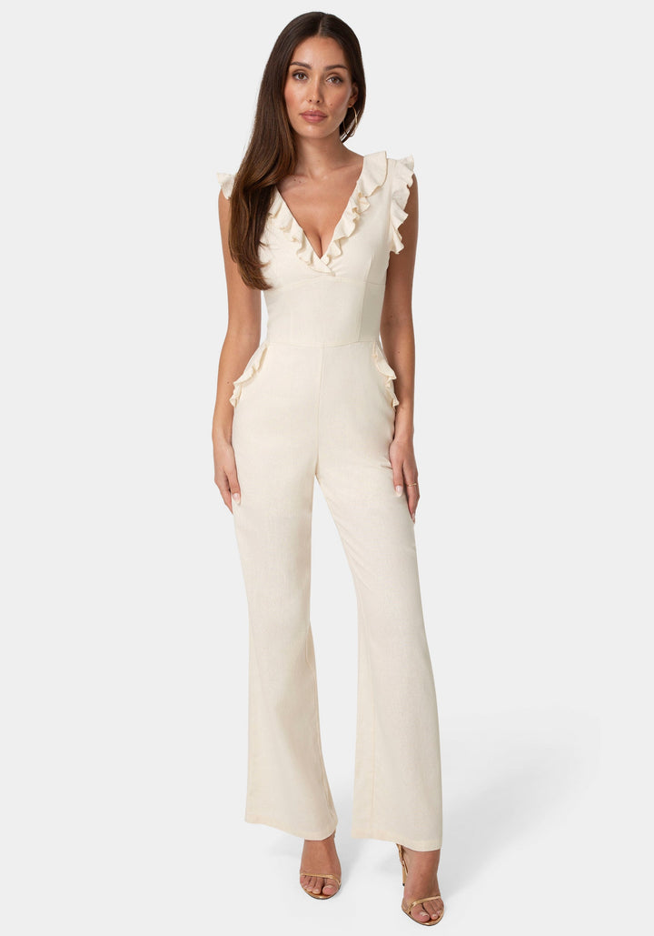 Detail View-Linen Ruffled Palazzo Leg Jumpsuit-VANILLA HEAT