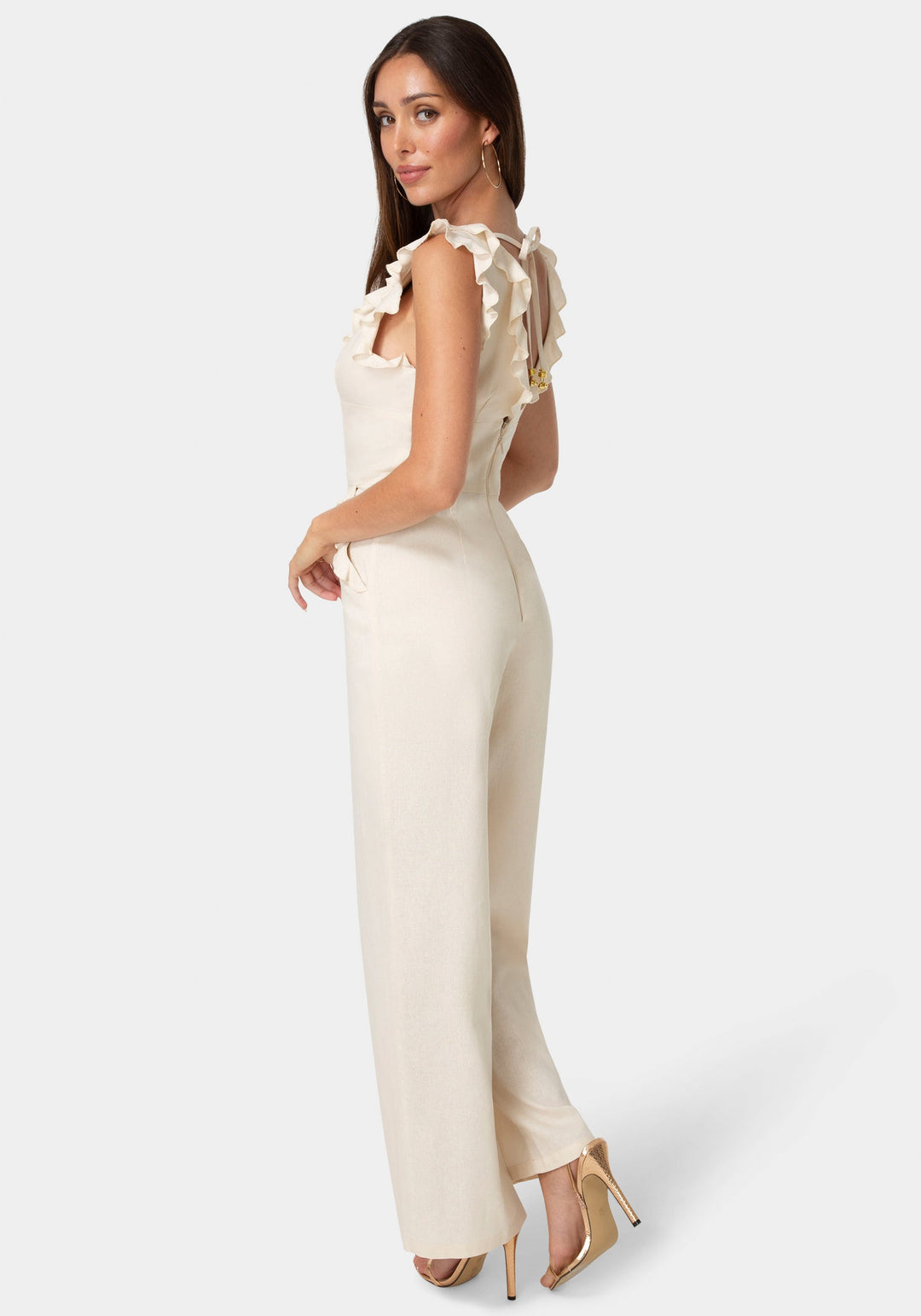 Side View-Linen Ruffled Palazzo Leg Jumpsuit-VANILLA HEAT