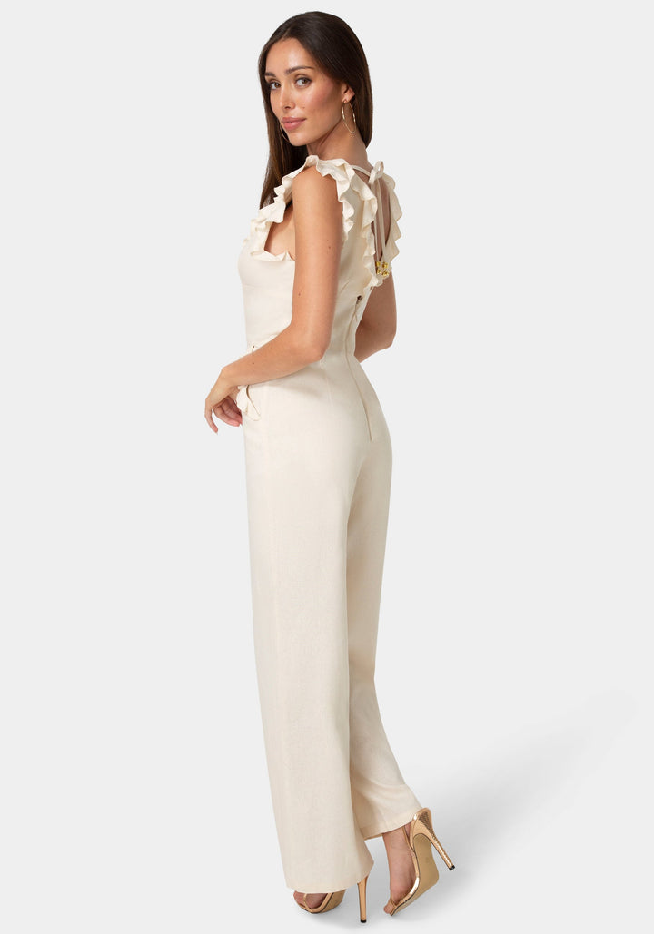 Side View-Linen Ruffled Palazzo Leg Jumpsuit-VANILLA HEAT