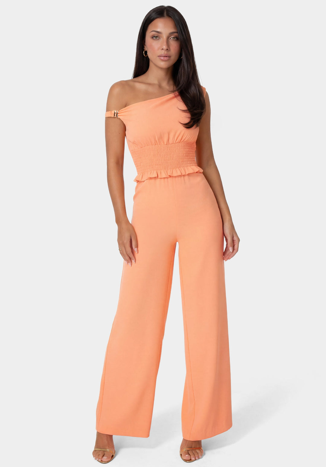 Front View-Off Shoulder Wide Leg Jumpsuit-PAPAYA PUNCH