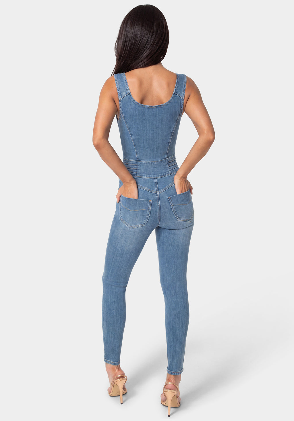 Back View-FITTED DENIM JUMPSUIT-ICONIC BLUE WASH