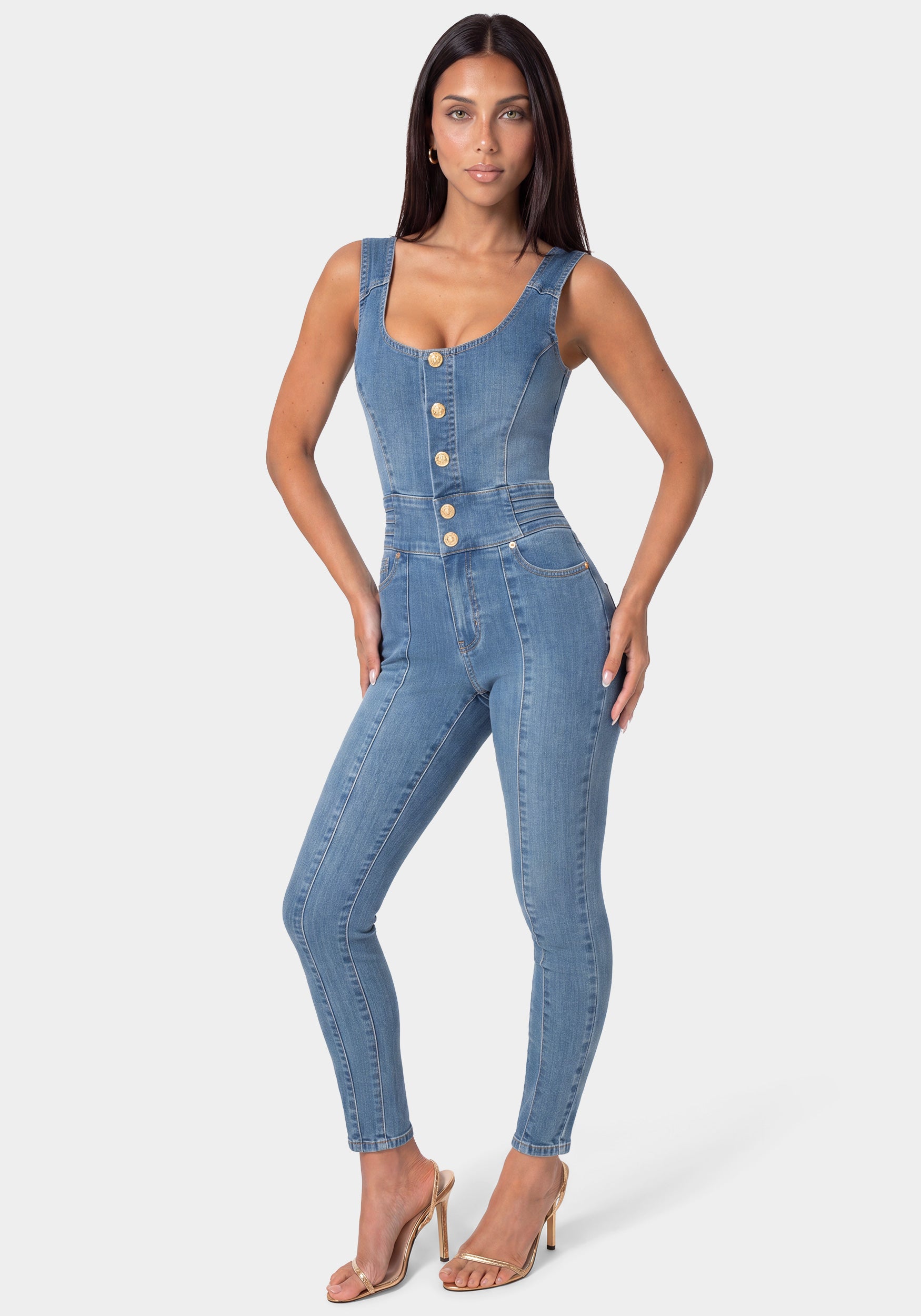 Front View-FITTED DENIM JUMPSUIT-ICONIC BLUE WASH