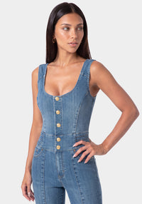 Side View-FITTED DENIM JUMPSUIT-ICONIC BLUE WASH