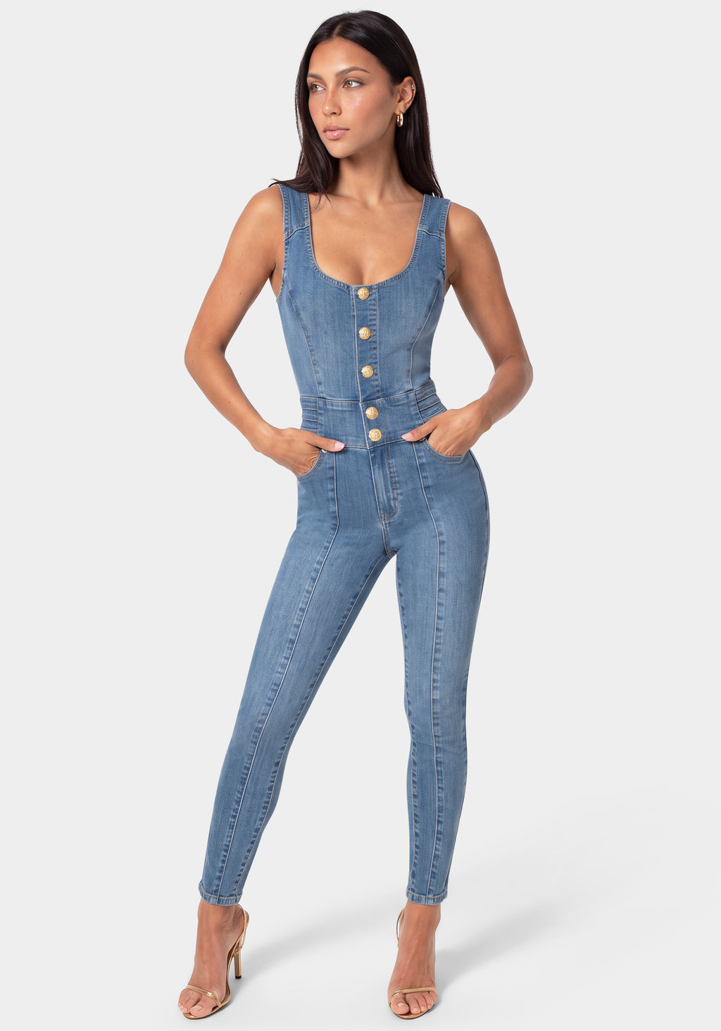Detail View-FITTED DENIM JUMPSUIT-ICONIC BLUE WASH