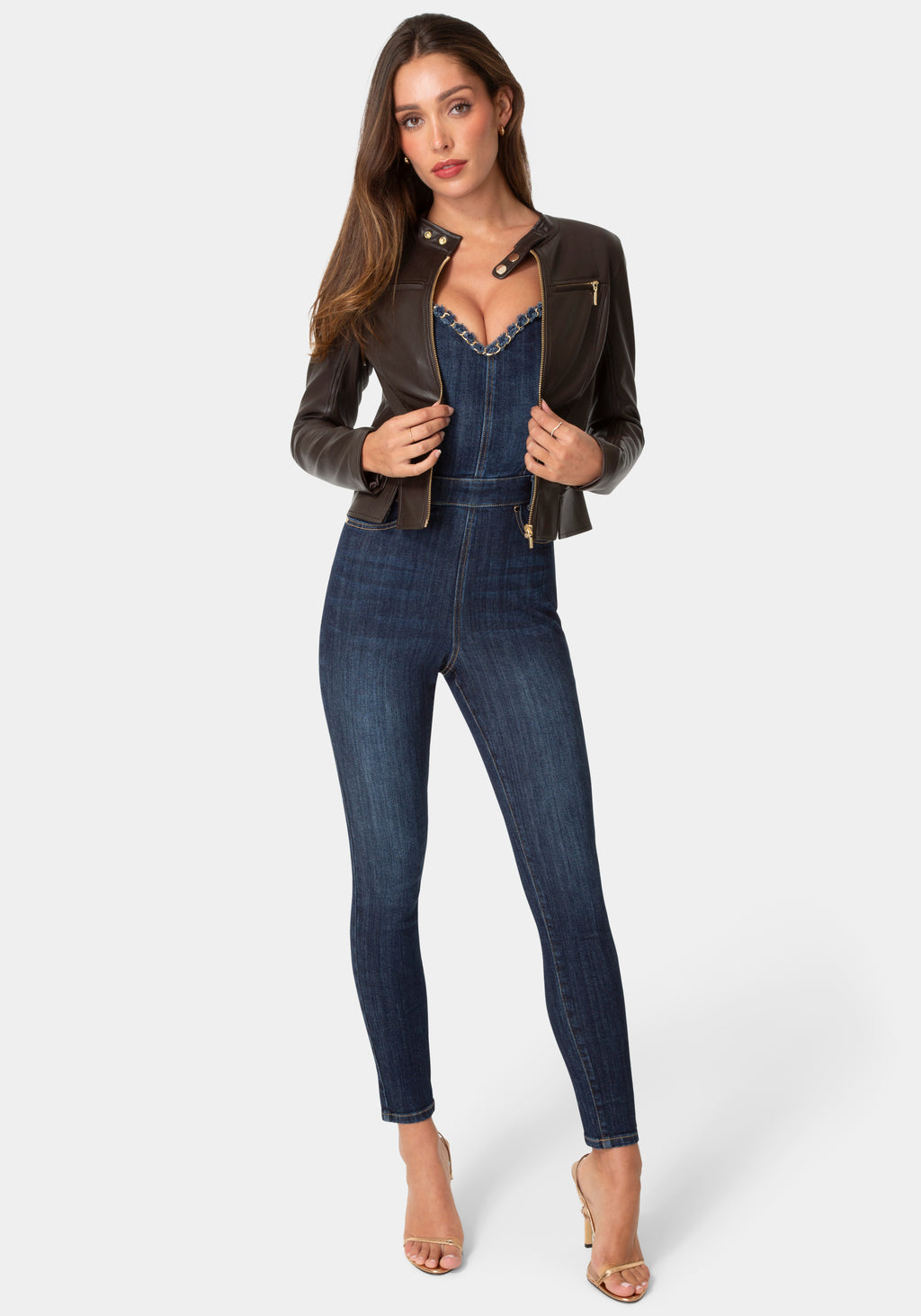 Detail View-CHAIN DETAIL FITTED DENIM JUMPSUIT-MIDNIGHT BLUE WASH