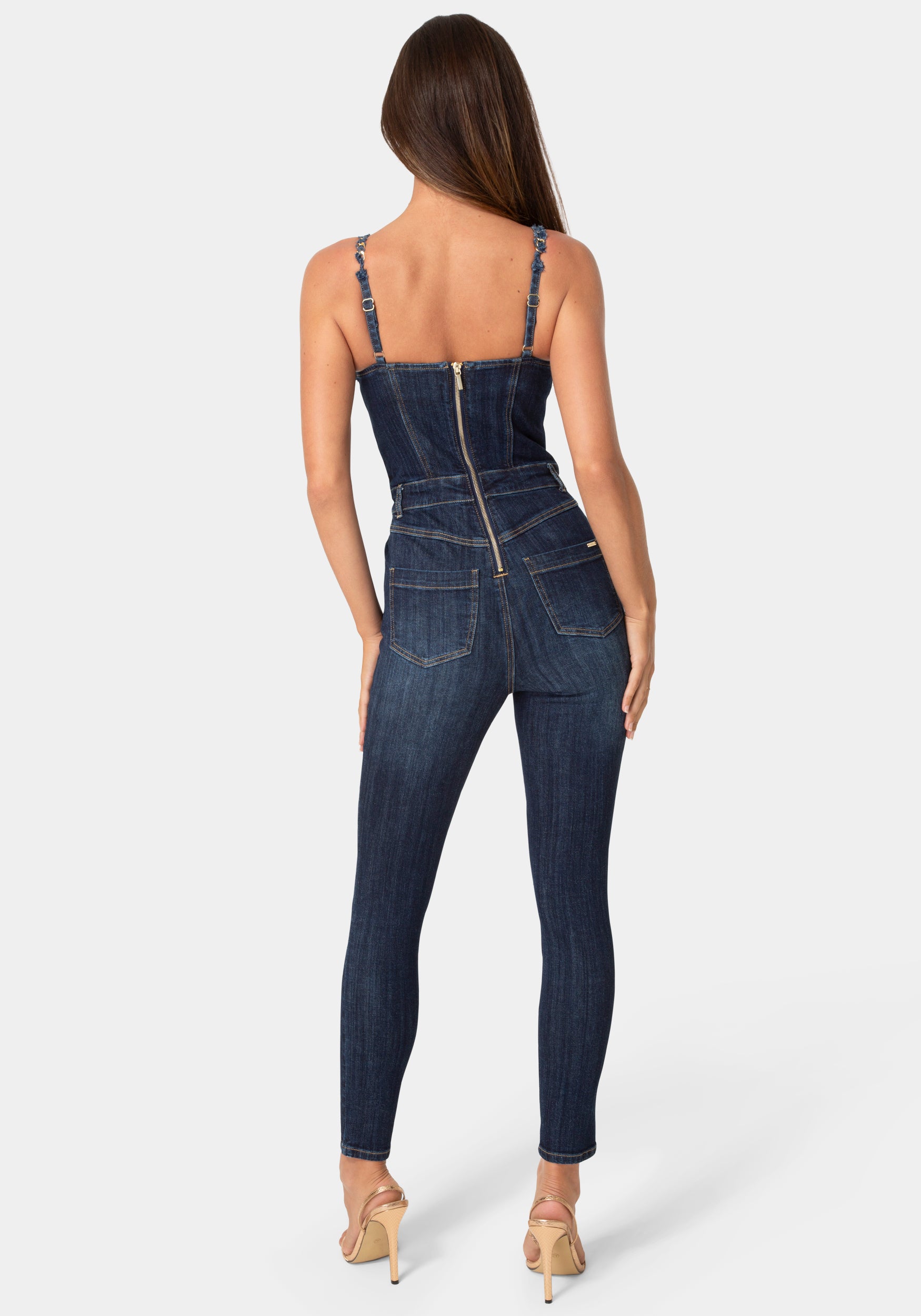 Back View-CHAIN DETAIL FITTED DENIM JUMPSUIT-MIDNIGHT BLUE WASH