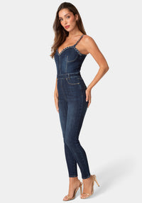 Side View-CHAIN DETAIL FITTED DENIM JUMPSUIT-MIDNIGHT BLUE WASH