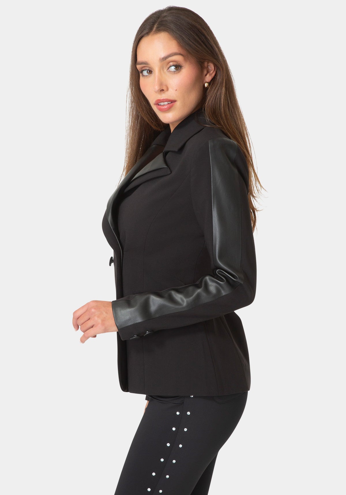 Side View-Tailored Vegan Leather Combo Blazer-BLACK