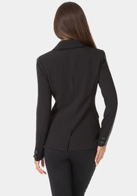 Back View-Tailored Vegan Leather Combo Blazer-BLACK