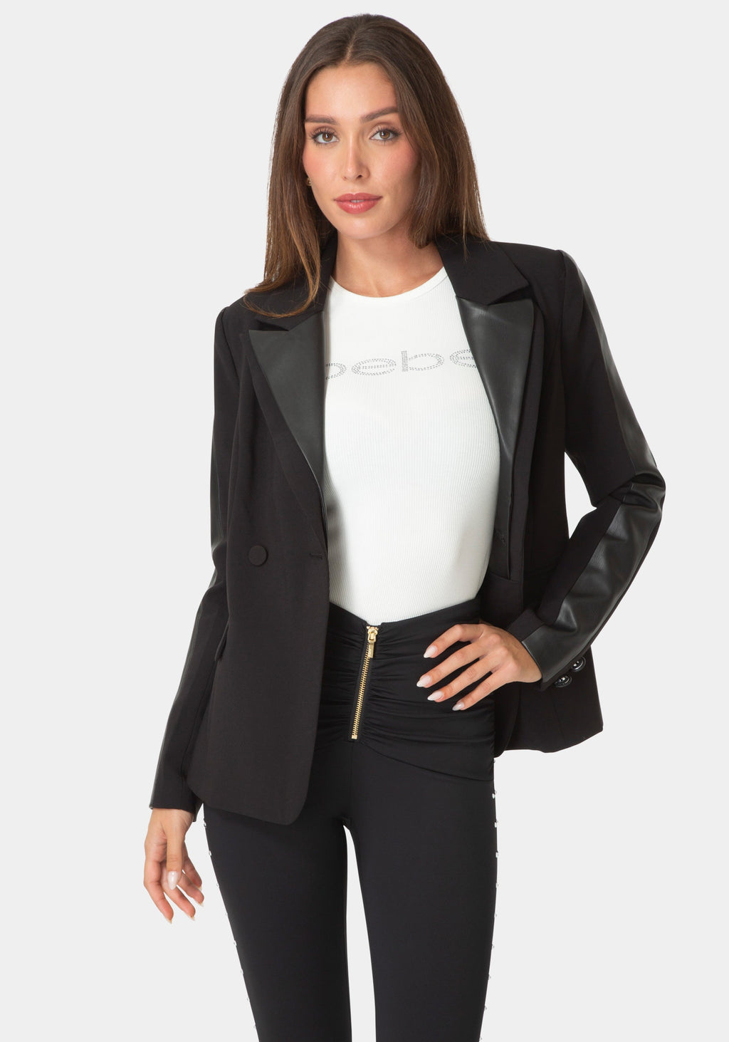 Detail View-Tailored Vegan Leather Combo Blazer-BLACK