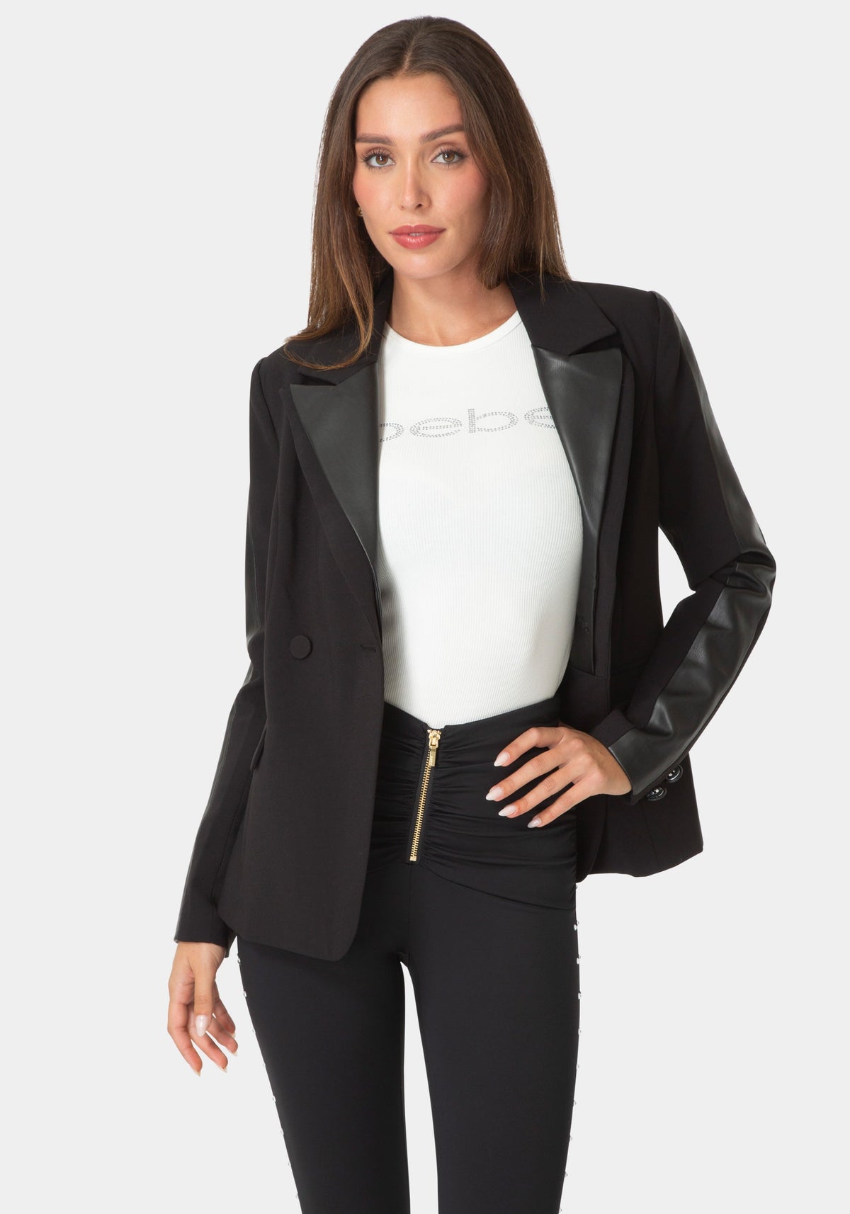 Detail View-Tailored Vegan Leather Combo Blazer-BLACK