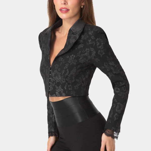 Side View-Tailored Floral Jacquard Blazer-BLACK