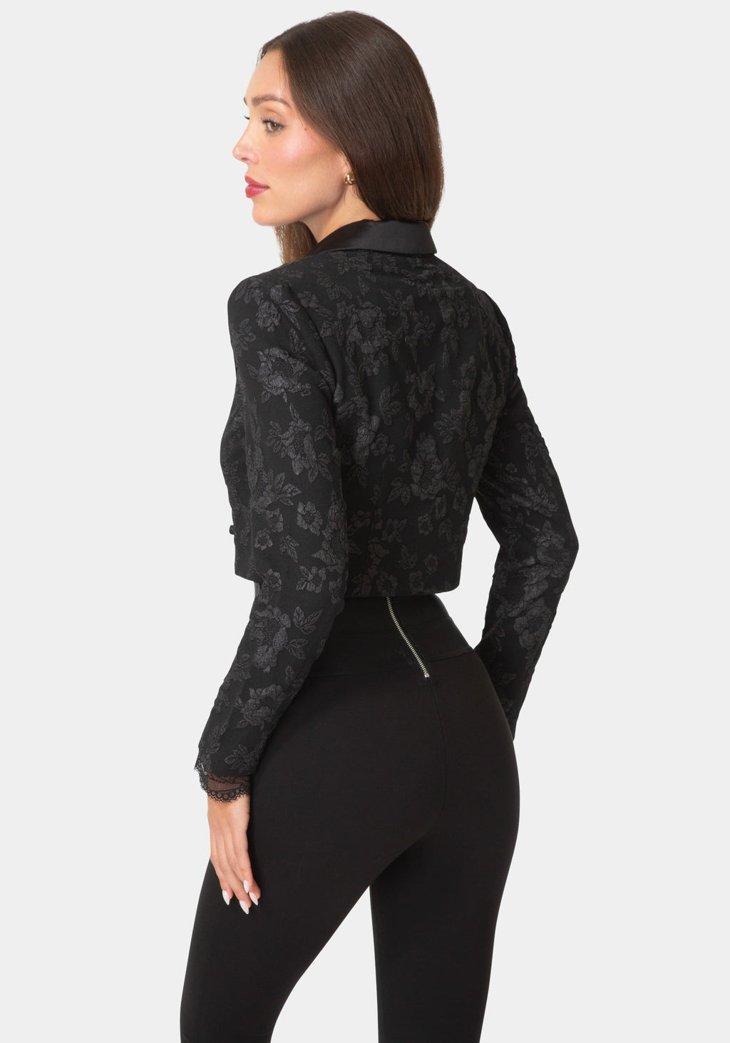 Back View-Tailored Floral Jacquard Blazer-BLACK