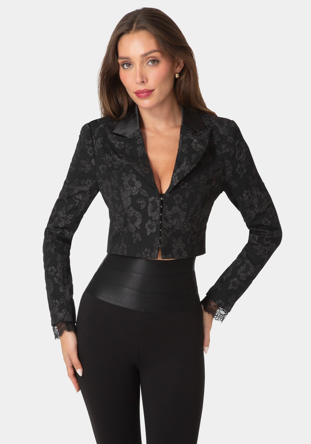 Front View-Tailored Floral Jacquard Blazer-BLACK