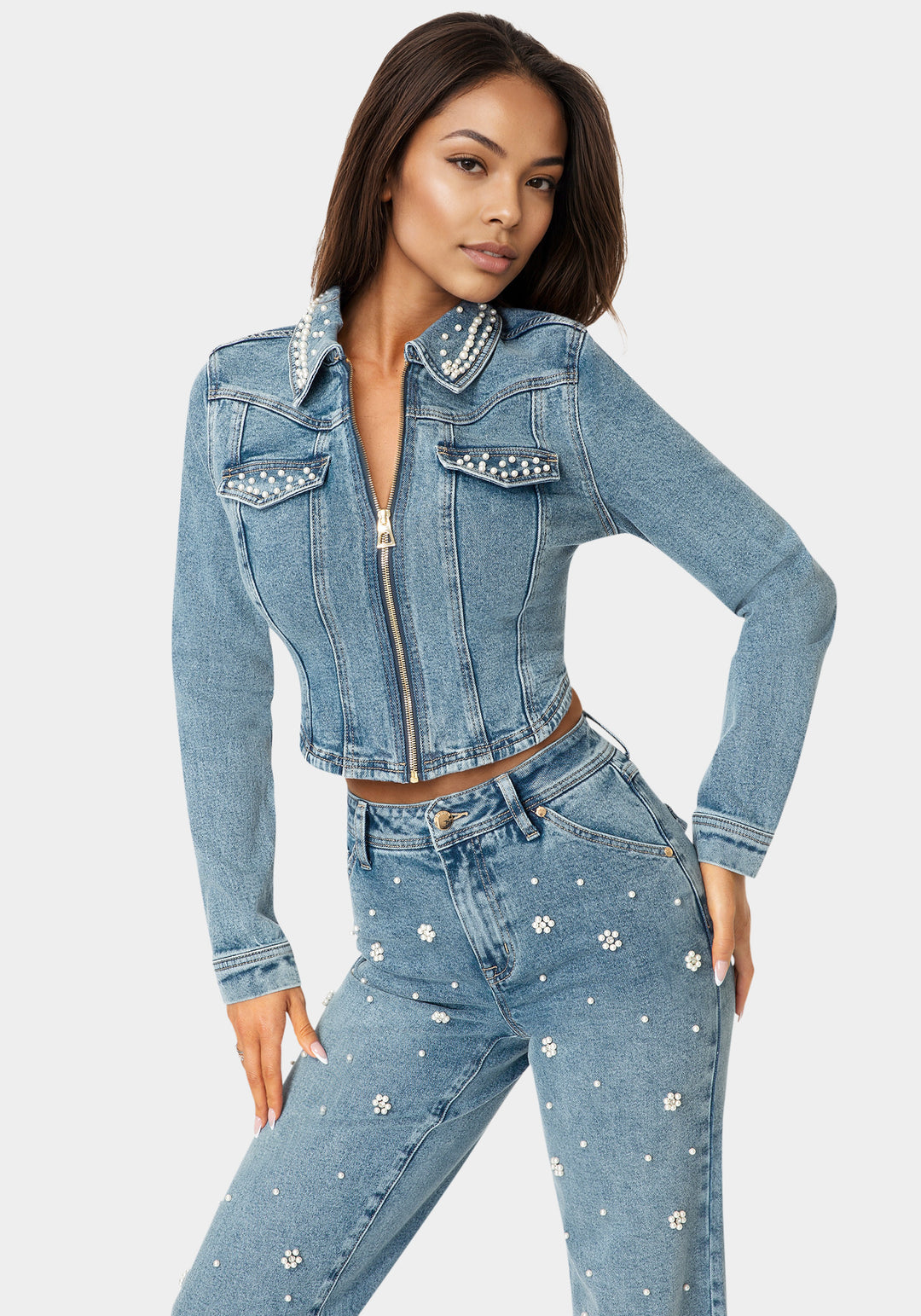 Side View-Embellished Corset Denim Jacket-Light Blue Wash