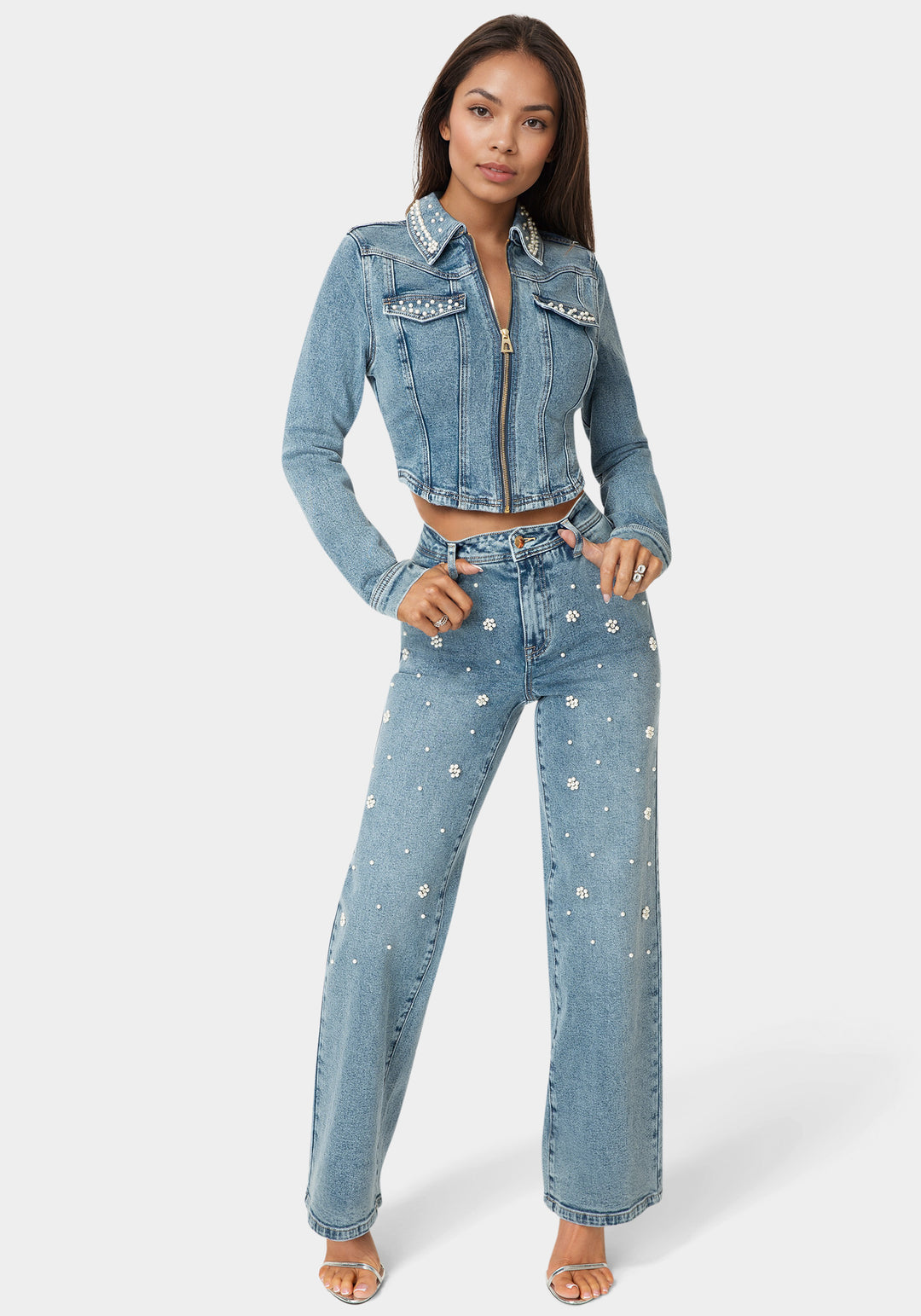 Front View-Embellished Corset Denim Jacket-Light Blue Wash