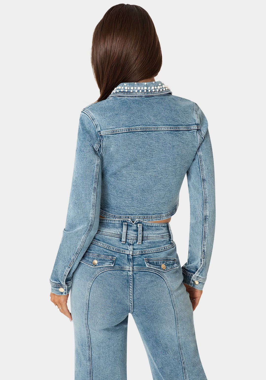 Back View-Embellished Corset Denim Jacket-Light Blue Wash