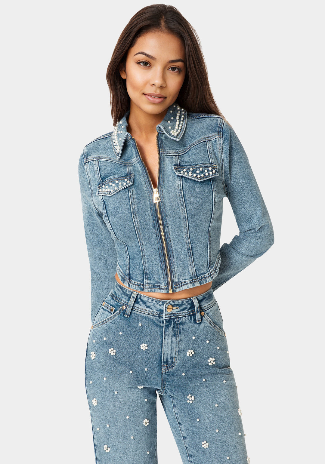 Other View-Embellished Corset Denim Jacket-Light Blue Wash