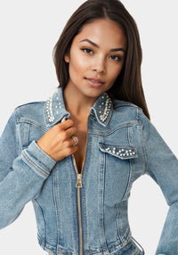 Detail View-Embellished Corset Denim Jacket-Light Blue Wash