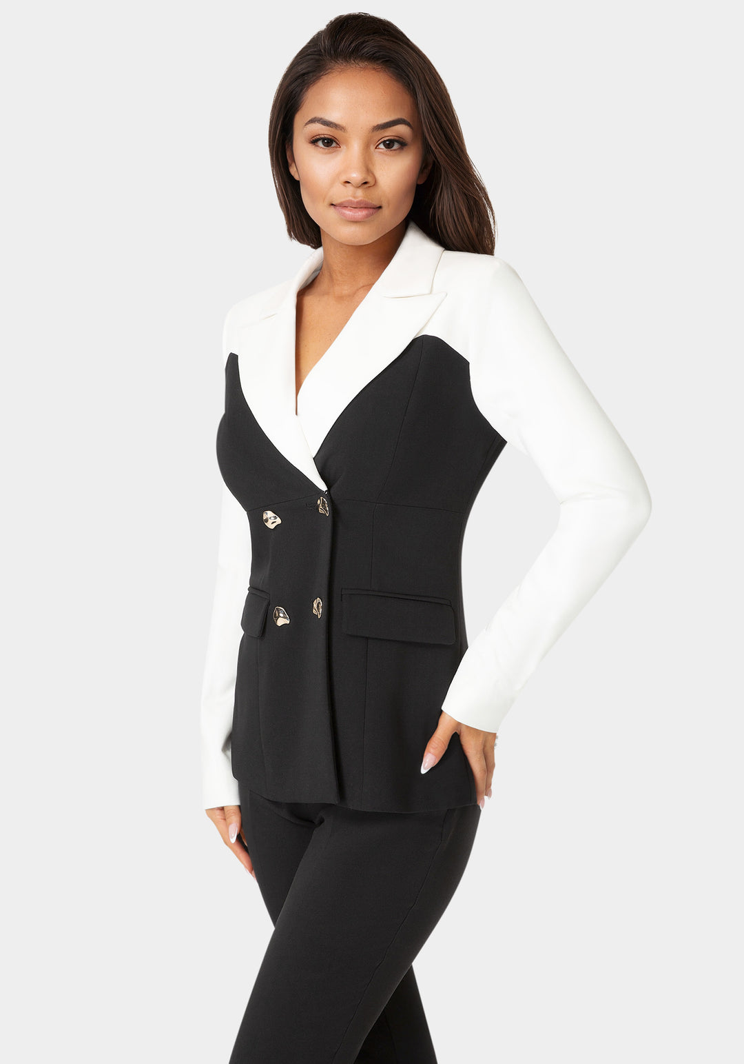 Side View-Tailored Double Breast Blazer-Black / White Alyssum