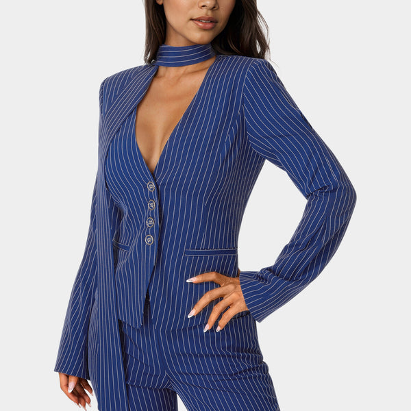 Side view - Tailored Stripe Scarf Blazer - Blue Intention Pinstripe