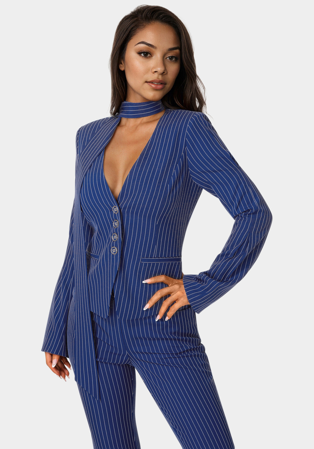 Side view - Tailored Stripe Scarf Blazer - Blue Intention Pinstripe