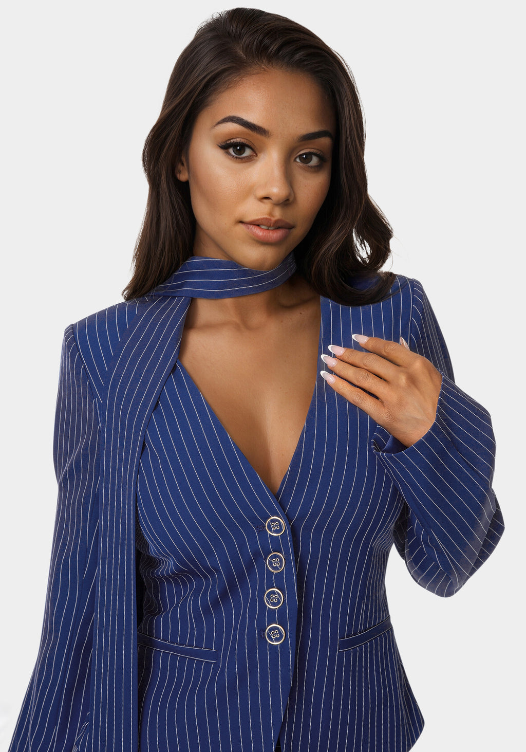 Detail view - Tailored Stripe Scarf Blazer - Blue Intention Pinstripe