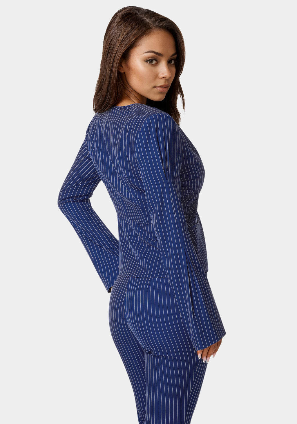 Back view - Tailored Stripe Scarf Blazer - Blue Intention Pinstripe
