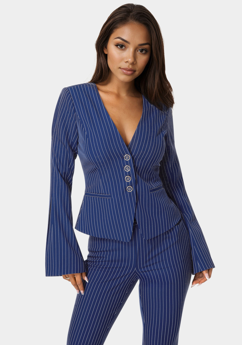 Front view - Tailored Stripe Scarf Blazer - Blue Intention Pinstripe
