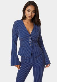 Front view - Tailored Stripe Scarf Blazer - Blue Intention Pinstripe