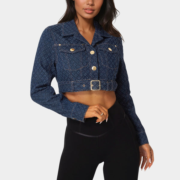 Front view - Textured Denim Jacket - Dark Blue Wash