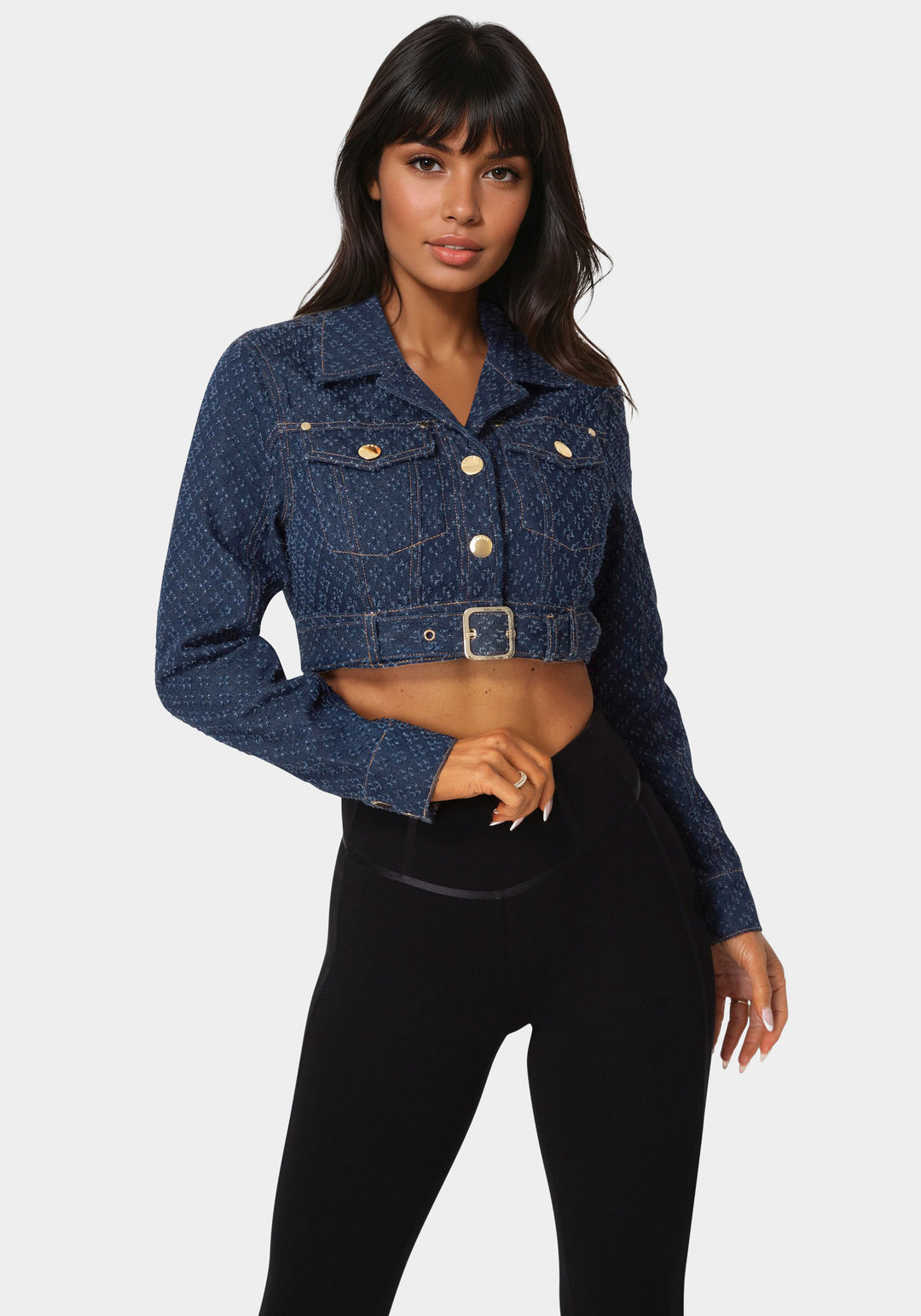 Front view - Textured Denim Jacket - Dark Blue Wash