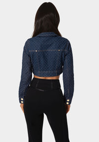 Back view - Textured Denim Jacket - Dark Blue Wash