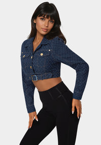 Side view - Textured Denim Jacket - Dark Blue Wash
