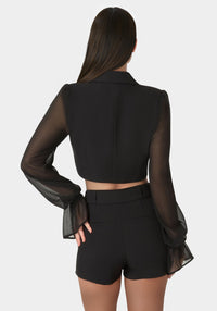 Back View-Tailored Sheer Sleeves Cropped Blazer-Black