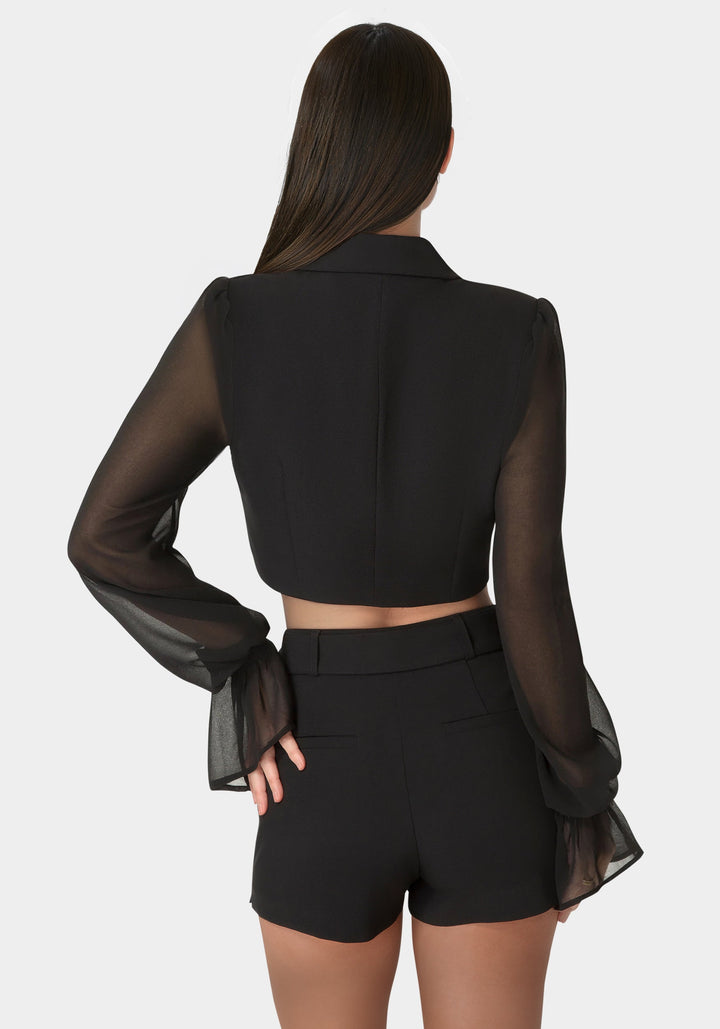 Back View-Tailored Sheer Sleeves Cropped Blazer-Black