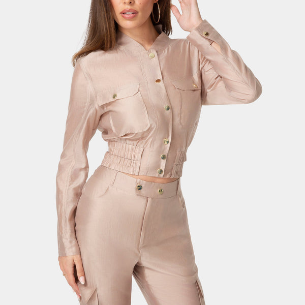 Front View-Light Sheer Voile Bomber-CHOCO CREAM