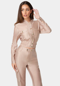 Front View-Light Sheer Voile Bomber-CHOCO CREAM