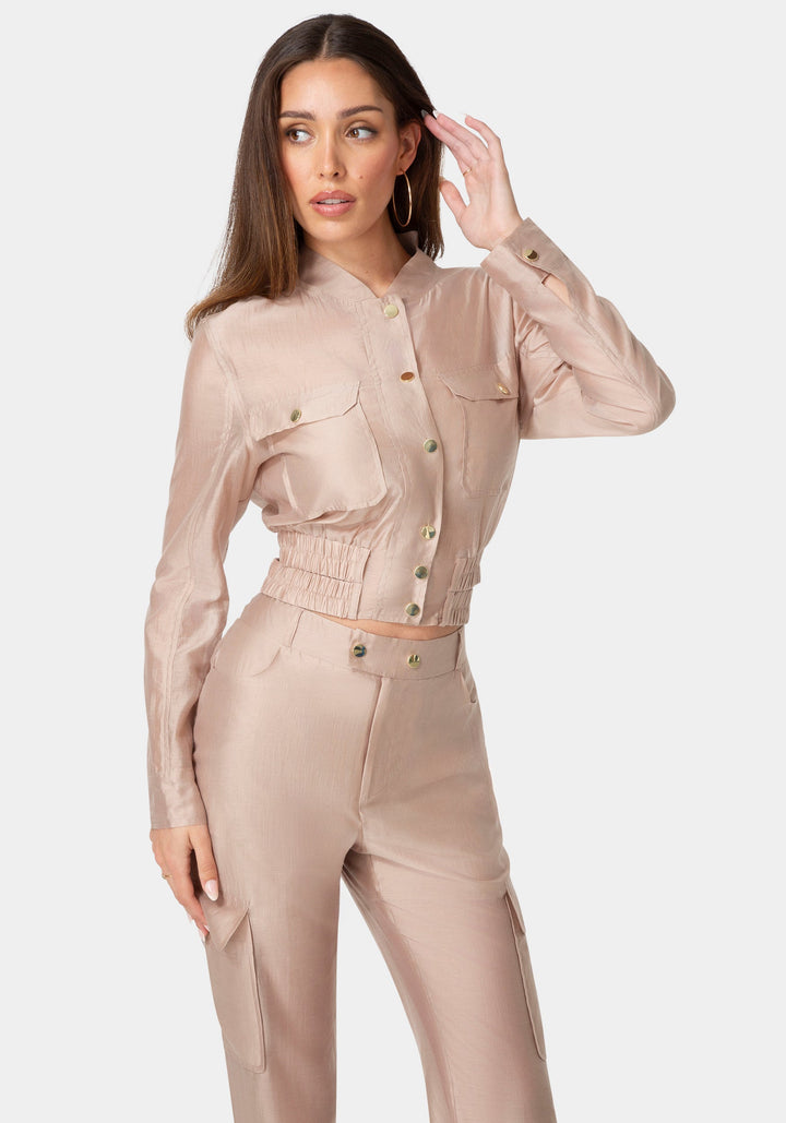 Front View-Light Sheer Voile Bomber-CHOCO CREAM