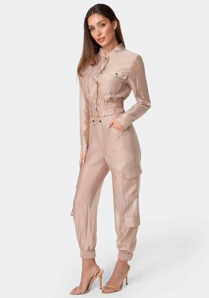 Detail View-Light Sheer Voile Bomber-CHOCO CREAM