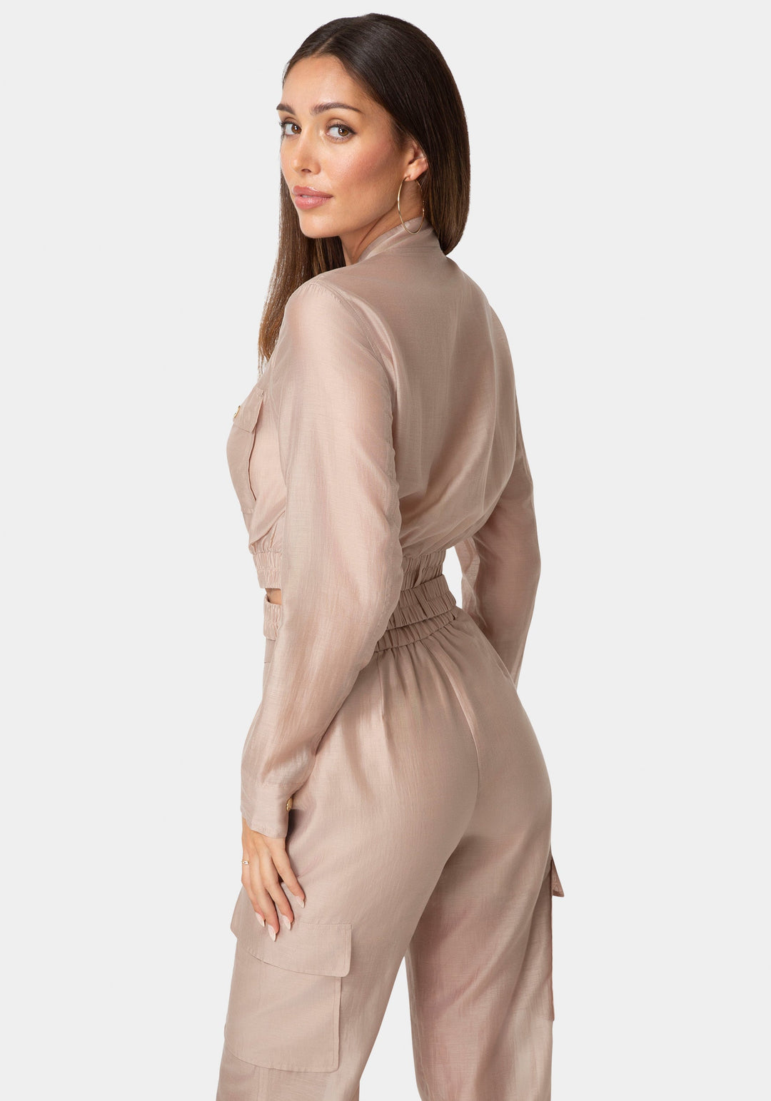 Side View-Light Sheer Voile Bomber-CHOCO CREAM