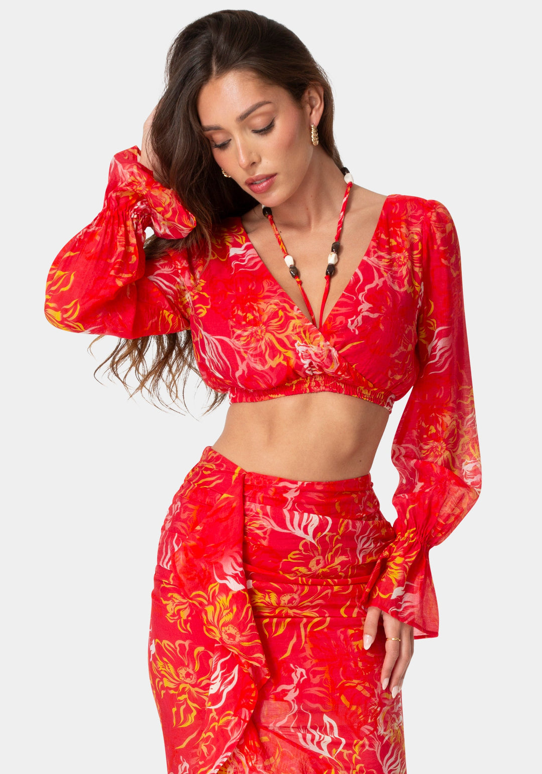 Front View-BEADED BELT FLOWY BLOUSE-ISLABLOOM