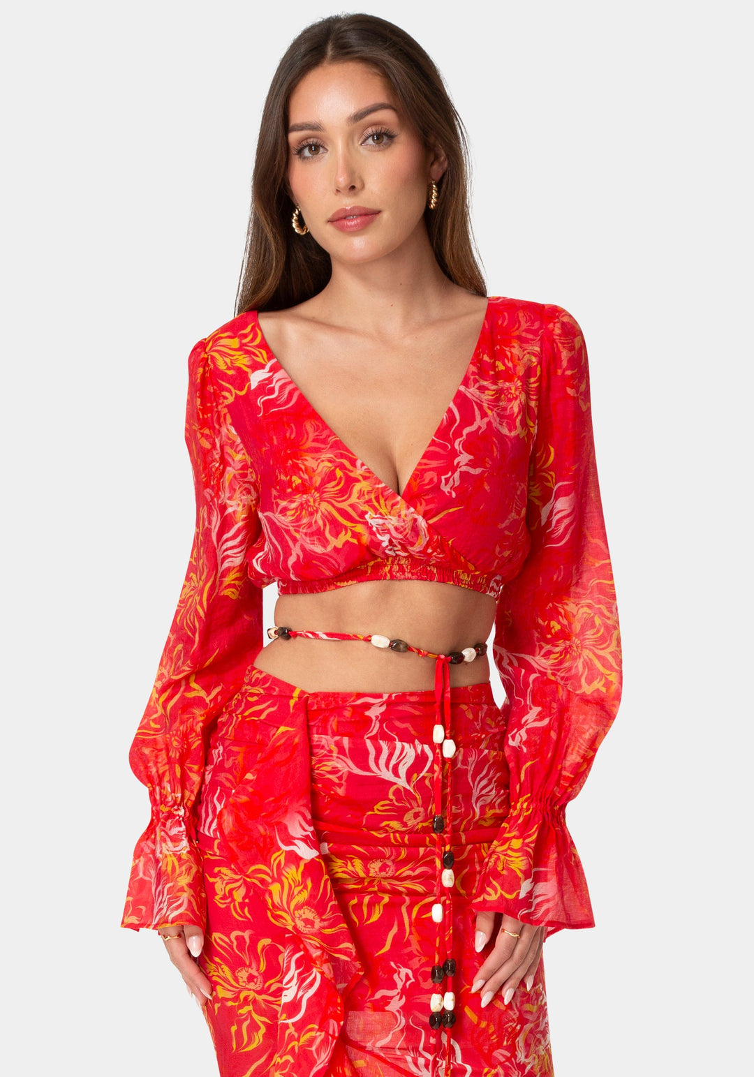 Front View-BEADED BELT FLOWY BLOUSE-ISLABLOOM