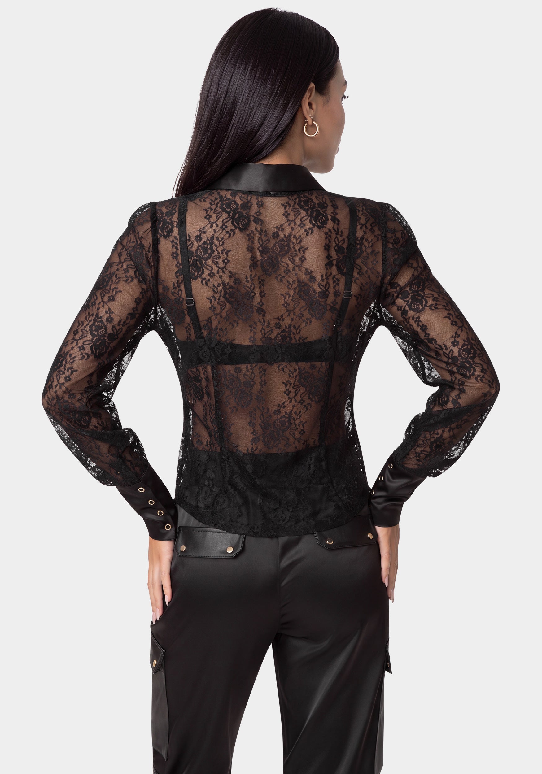 Back View-FLORAL LACE BLOUSE-BLACK